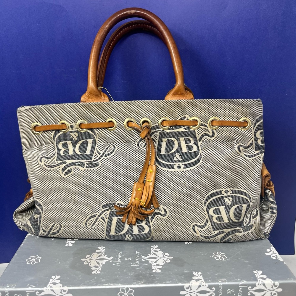 Vintage Dooney & Bourke Mini Tassel Tote with DB Signature Print Flawed
